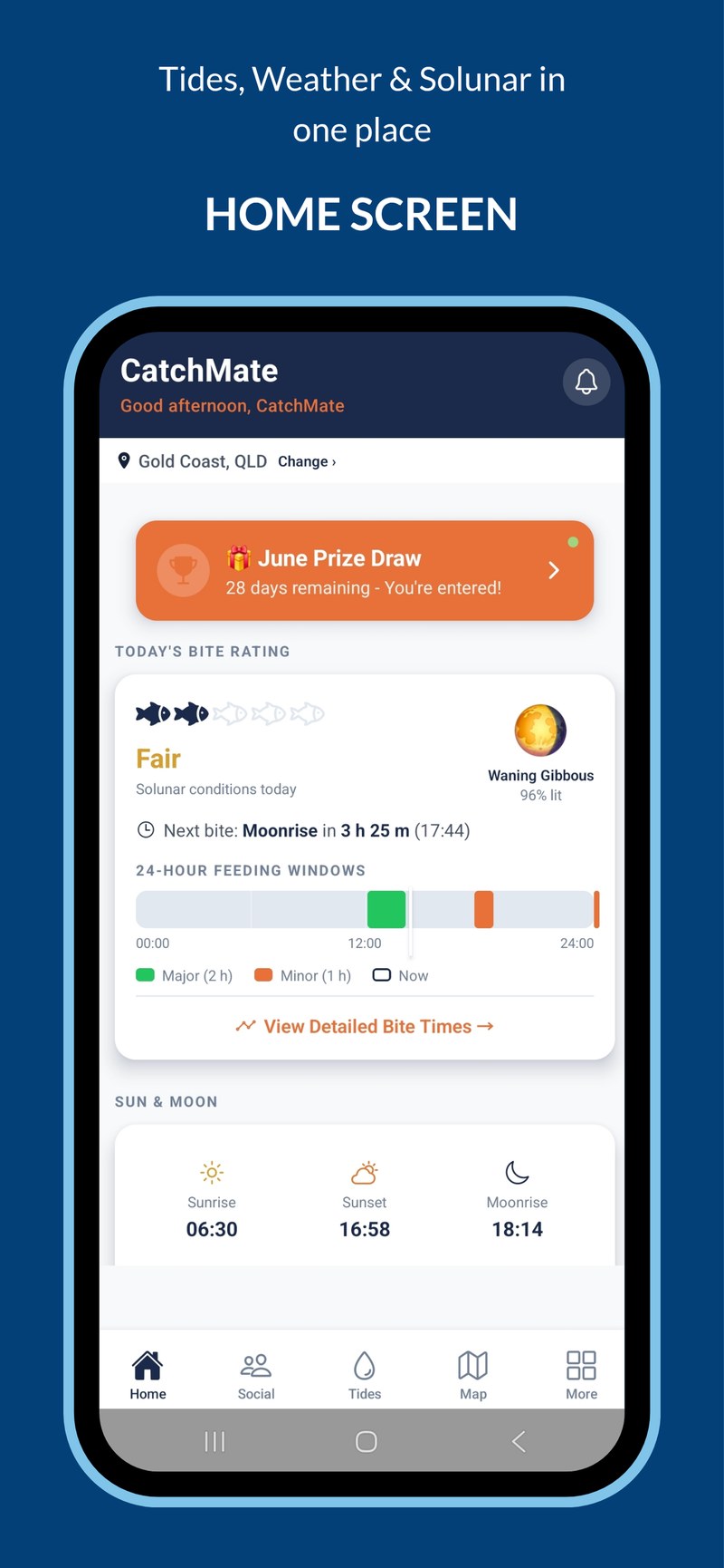 CatchMate home screen showing bite score and tide times